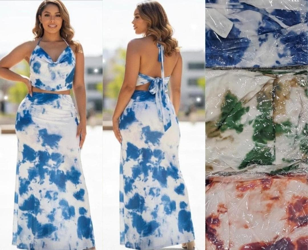 Conjunto de top halter y falda larga tie-dye