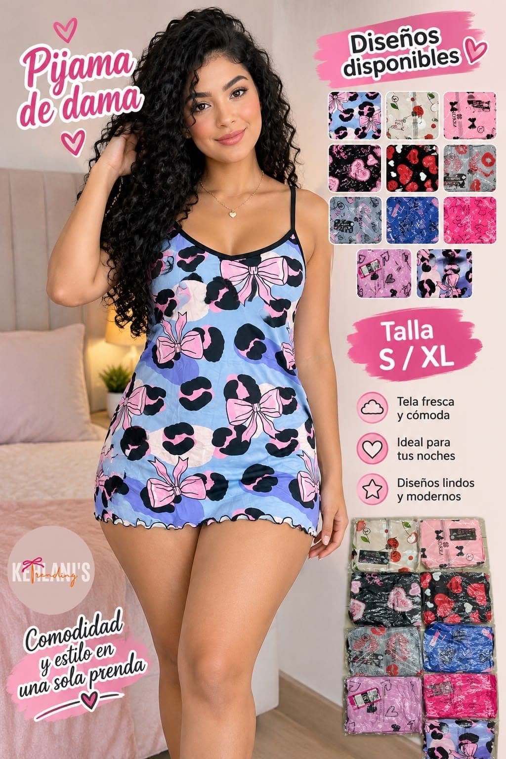 Camisón de pijama para dama de tirantes con estampado de moños y animal print